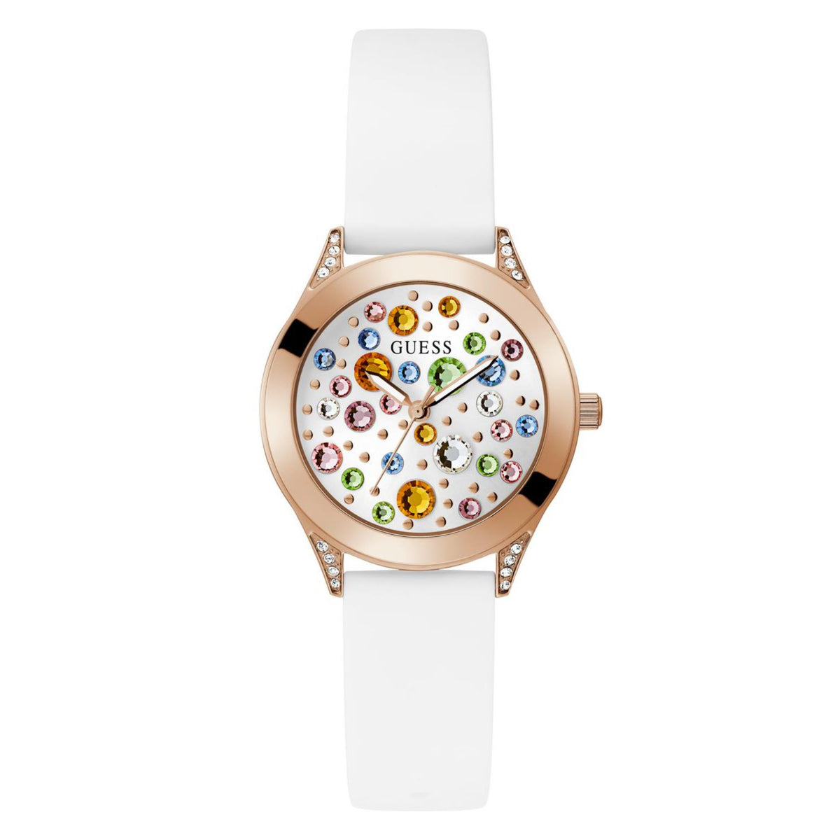 Guess mini wonderlust watch: round rose-gold case, white silicone strap, multicolor dial