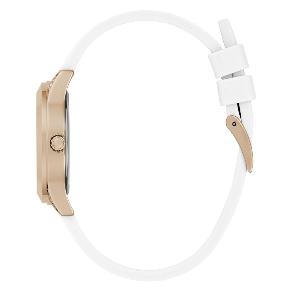 Women's silicone strap watch with white band and rose gold-tone case, round dial