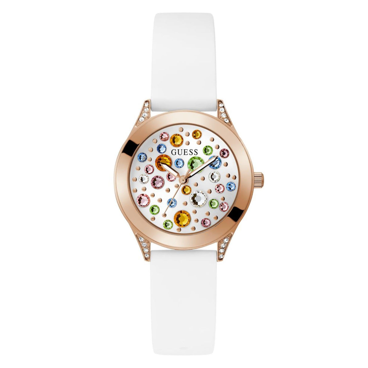 Guess women's watch with white silicone strap, rose-gold bezel, and multicolor jeweled dial