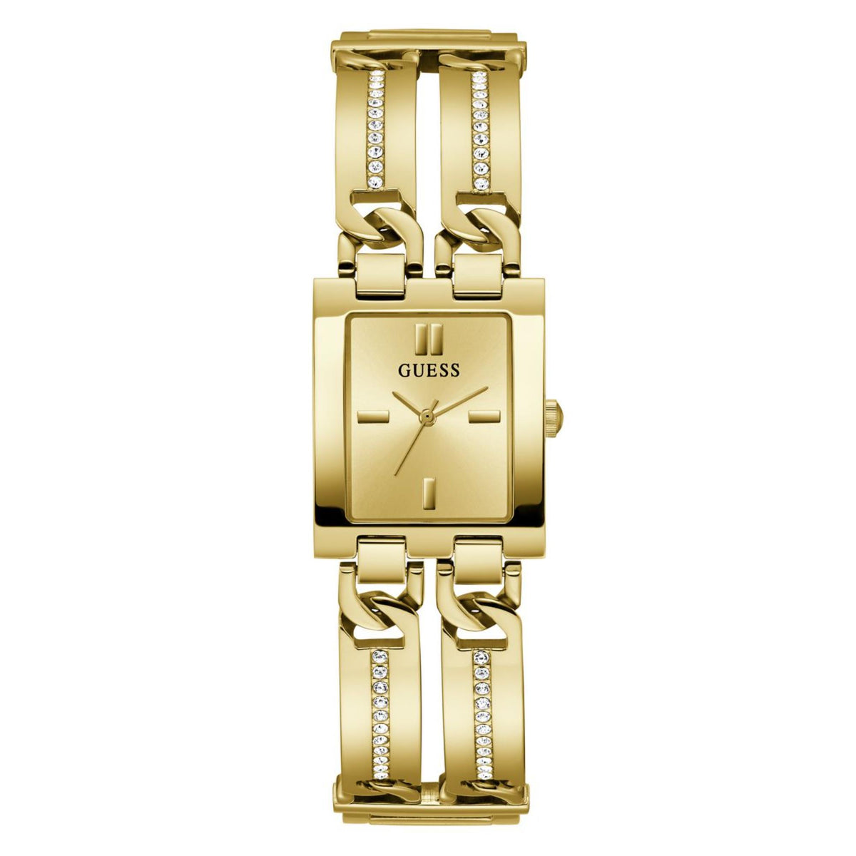 Women’s gold-tone rectangular case watch with champagne dial and crystal link detailing