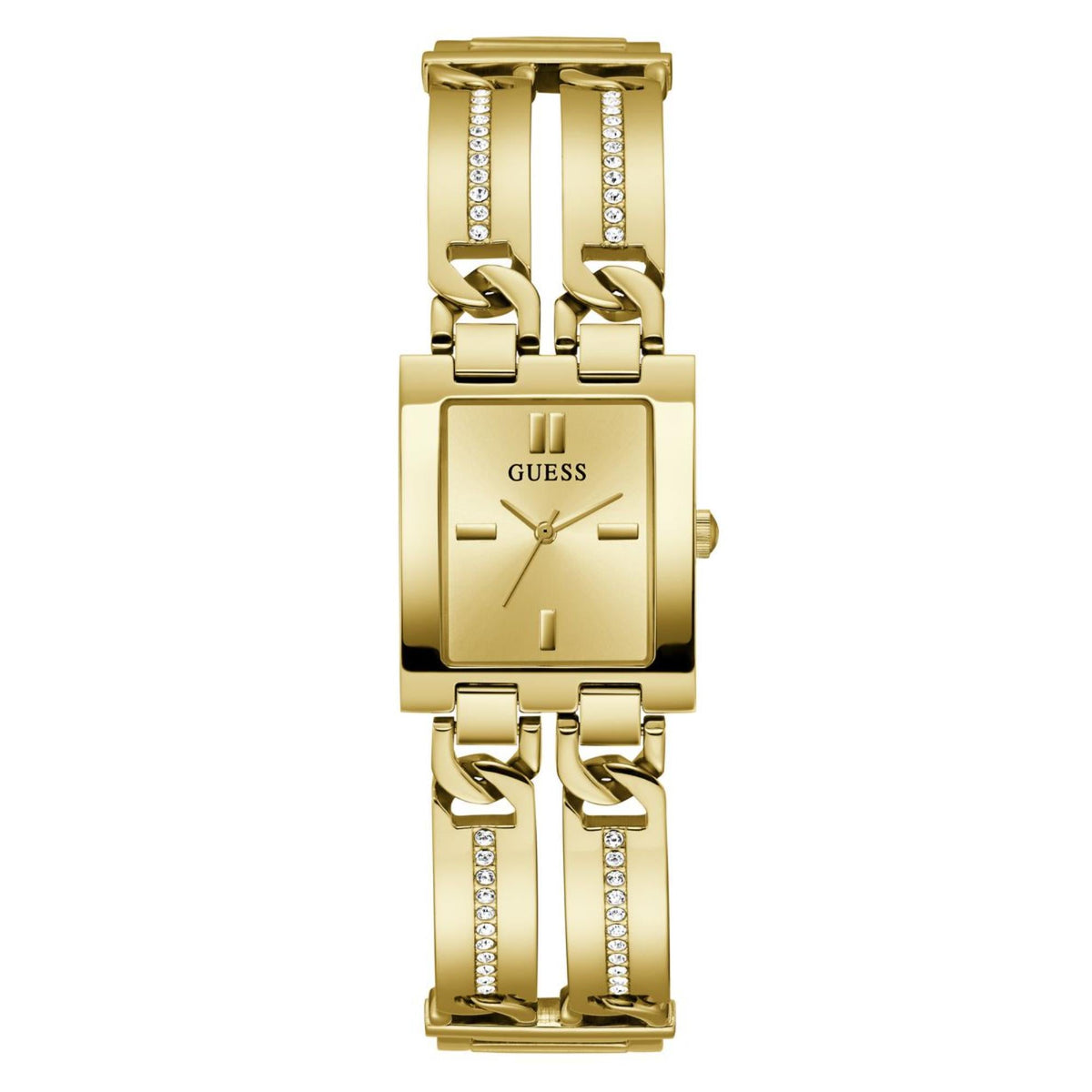 Women’s gold-tone watch with champagne dial, rectangular case, and hinged link bracelet