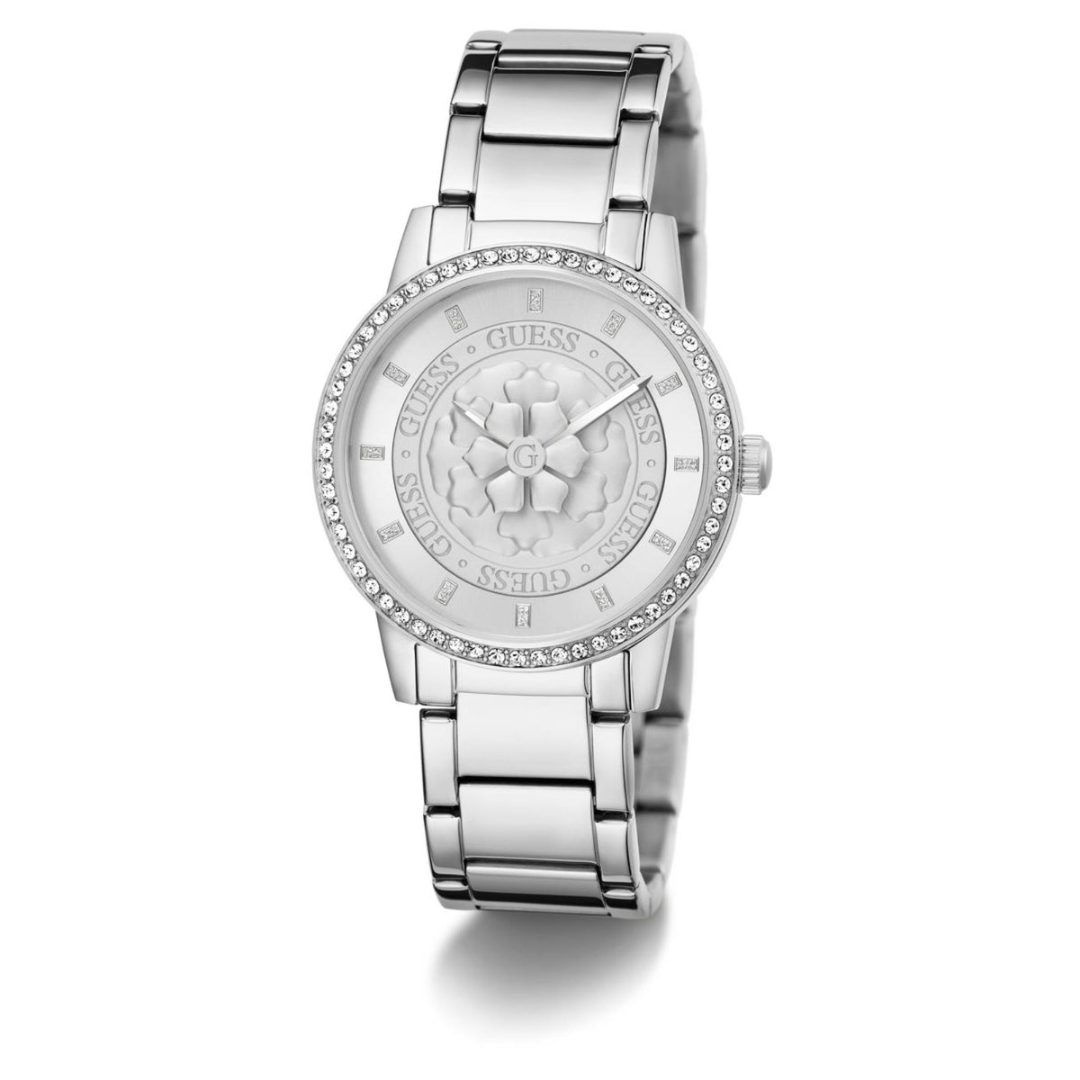Women’s silver dial watch with crystal bezel and stainless steel bracelet
