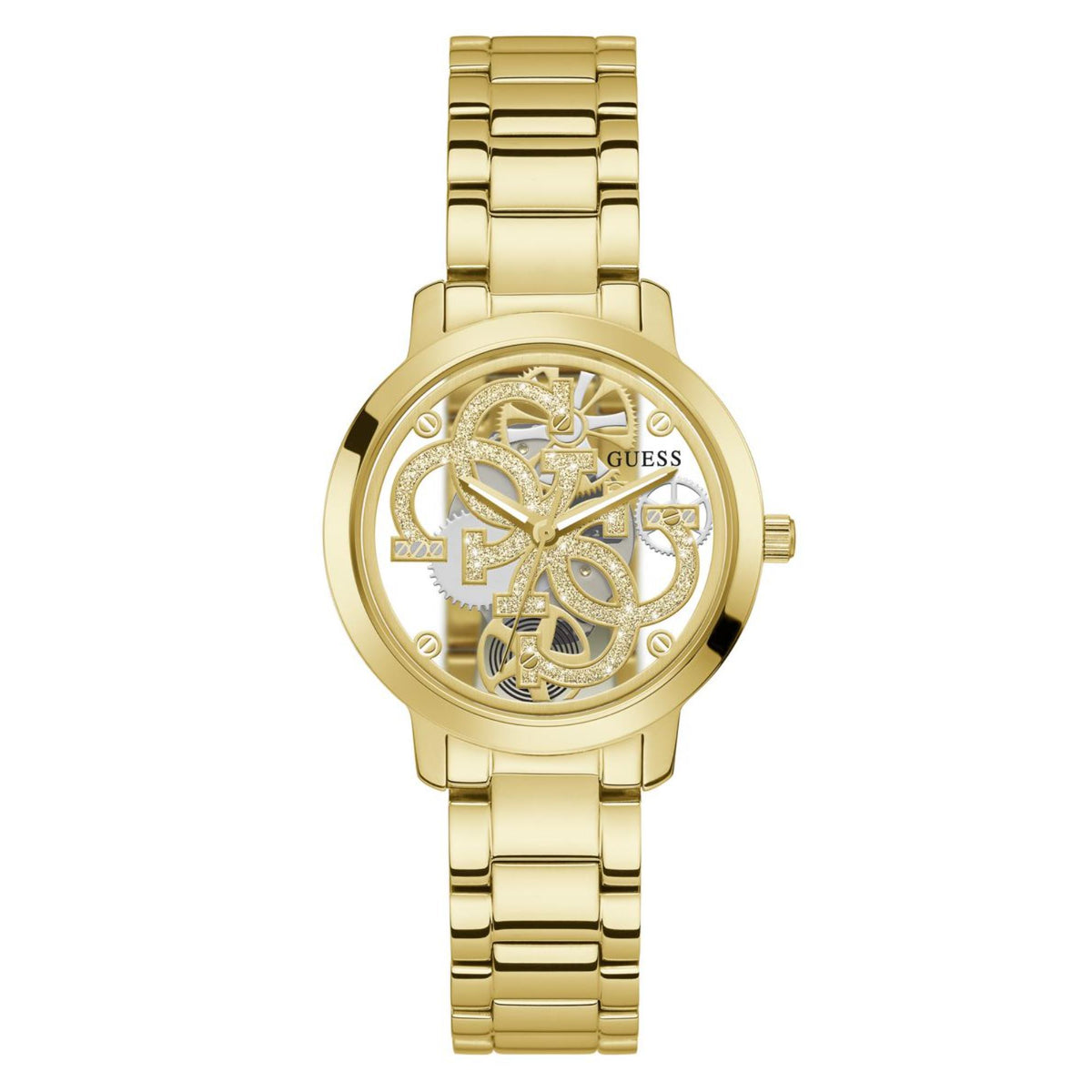 Women’s gold-tone skeleton dial watch with round case and stainless steel link bracelet.