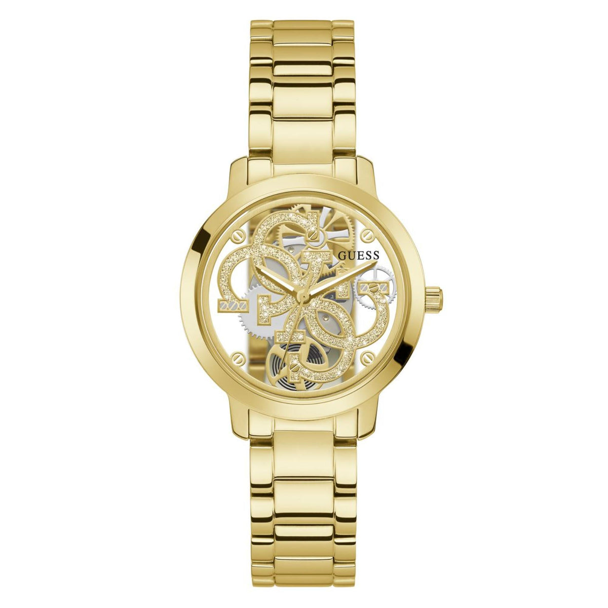 Gold-tone skeleton dial women's watch with clear patterned bezel and link bracelet strap