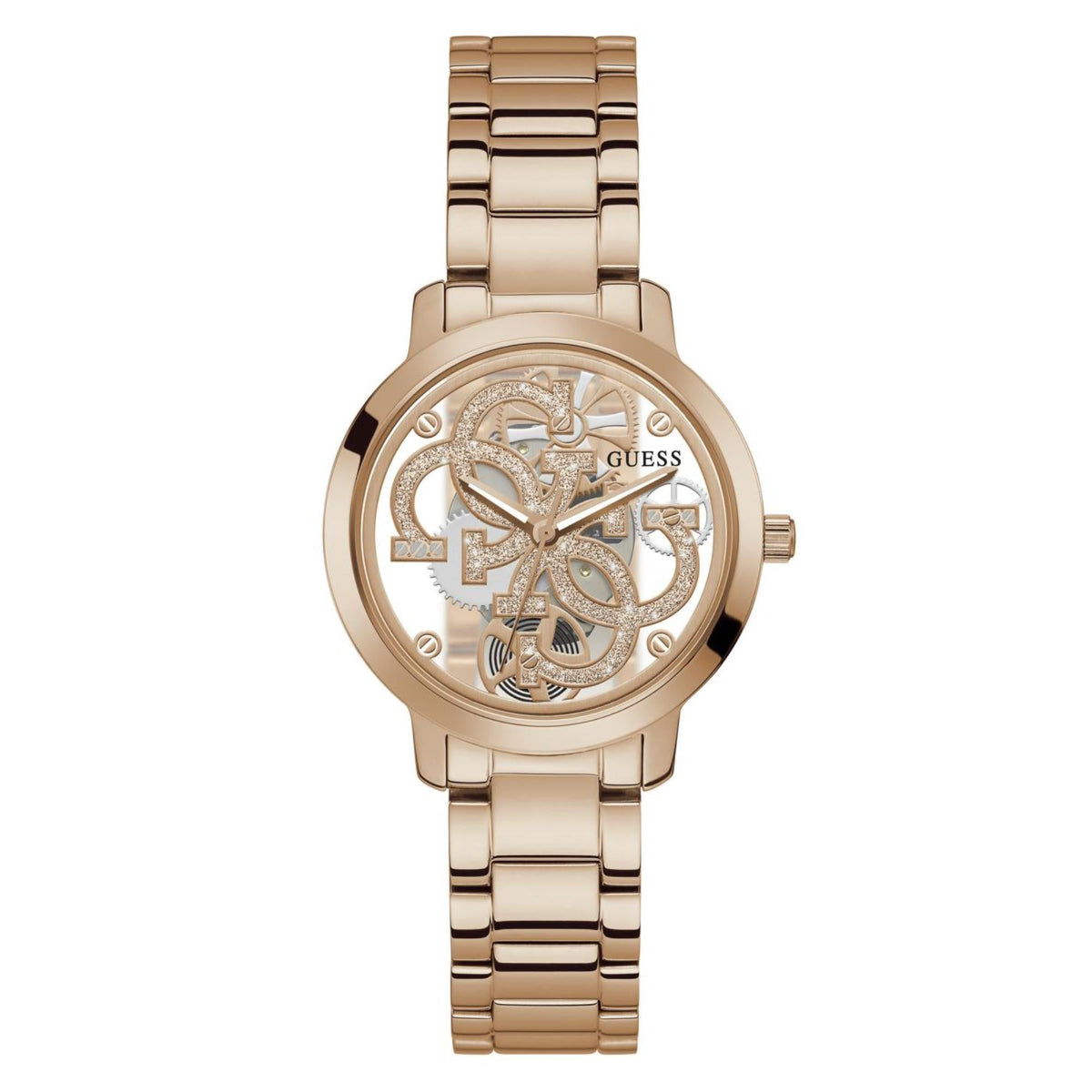 Women’s rose gold skeleton watch front view with stainless steel bracelet