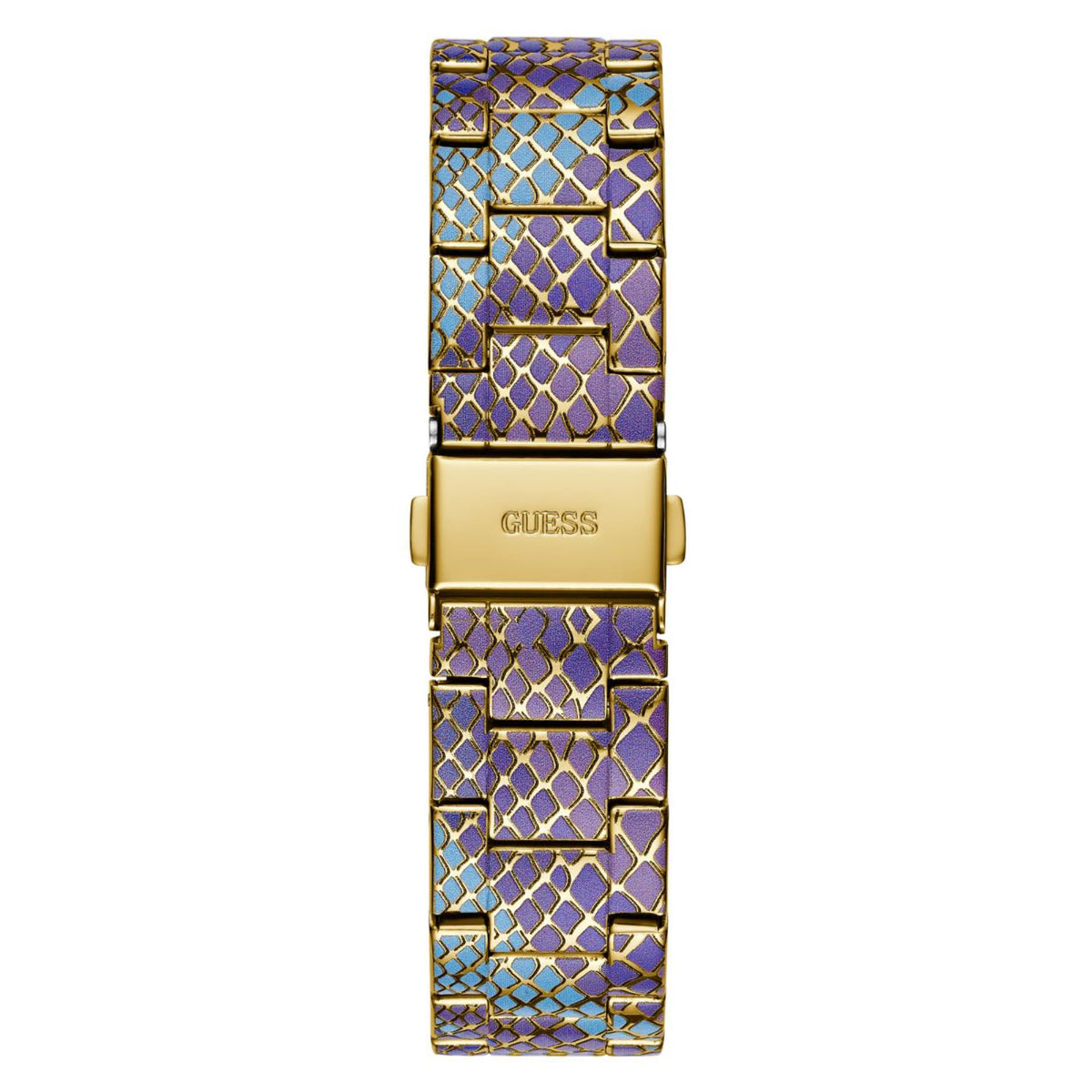 Women's Guess animal print strap watch with gold-toned case and blue dial, three subdials.