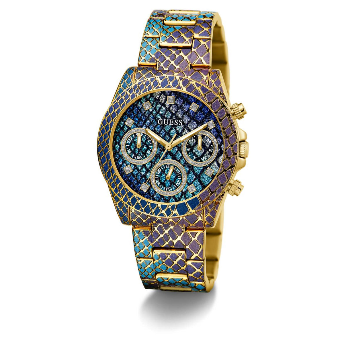 Women's Guess animal print strap watch with blue dial, gold-toned bezel, and three subdials.