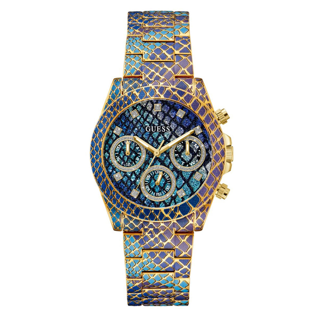 Women's round animal-print dial watch with gold-tone bezel and blue multi-dial display