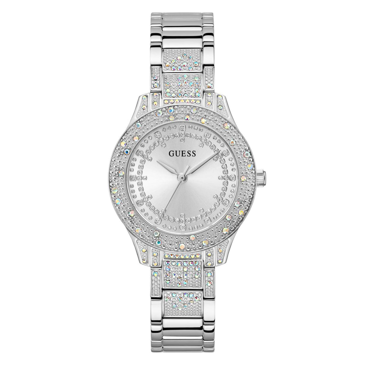 Silver stainless steel women's wristwatch with crystal bezel and textured dial rim