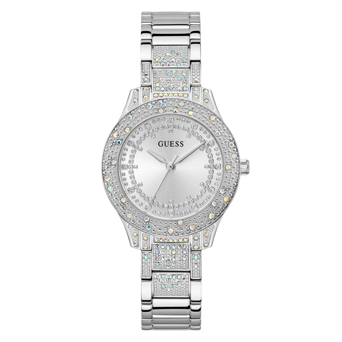 Silver stainless steel women's wristwatch front view with crystal-set bezel and dial