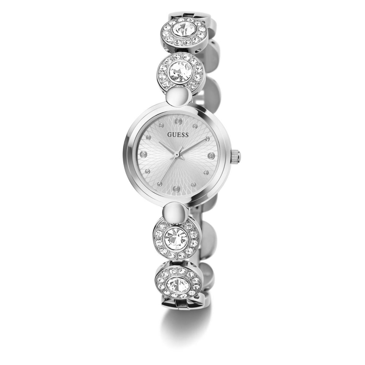 Silver round Guess wristwatch with white dial, sparkle bezel details, and link chain