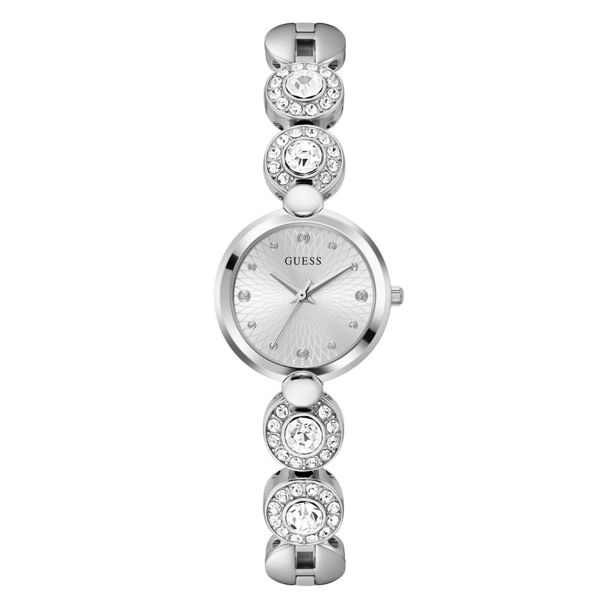 Women’s silver-tone bracelet watch with round gray face, crystal details, and steel clasp