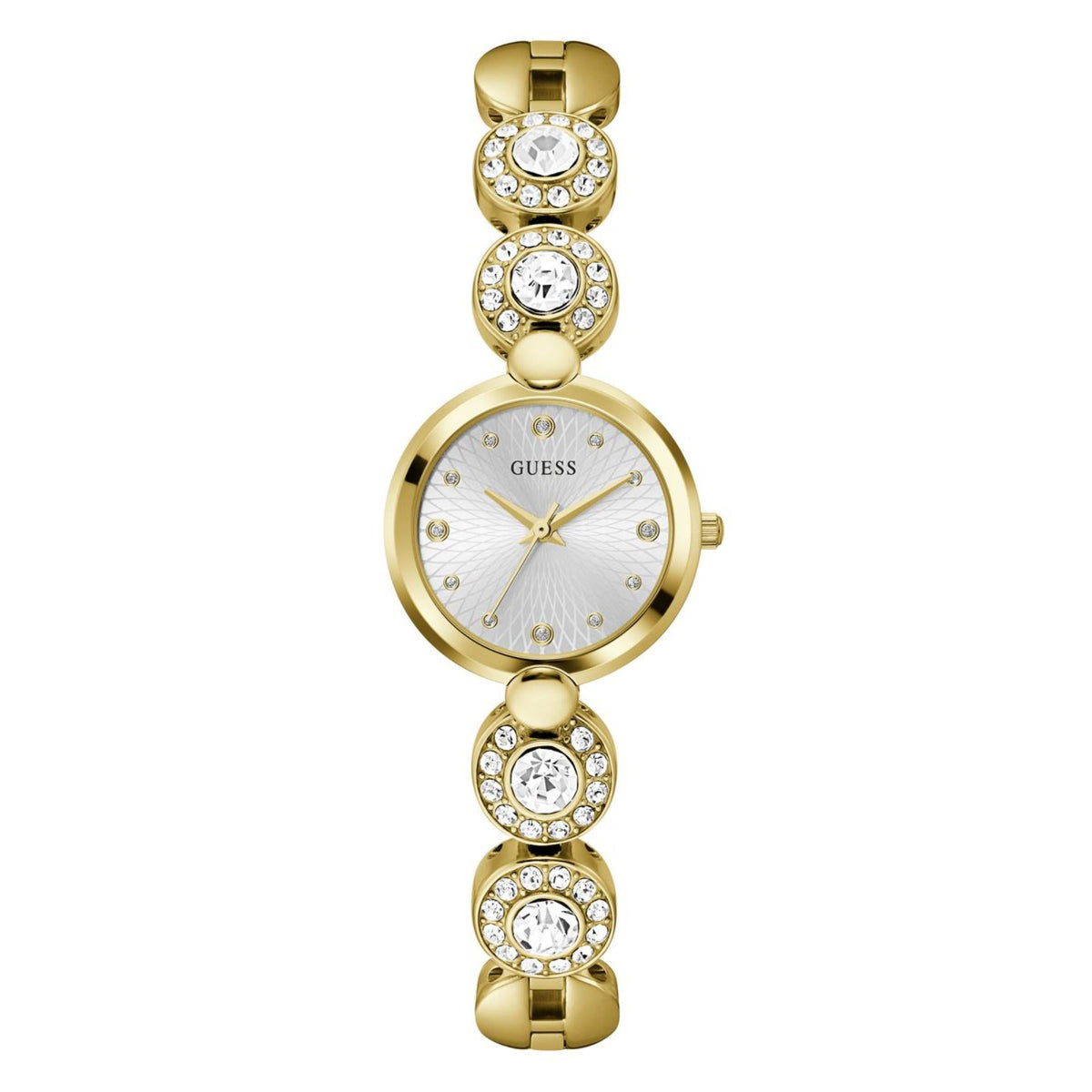 Women’s gold-tone round watch with white dial, crystal accents, and linked bracelet