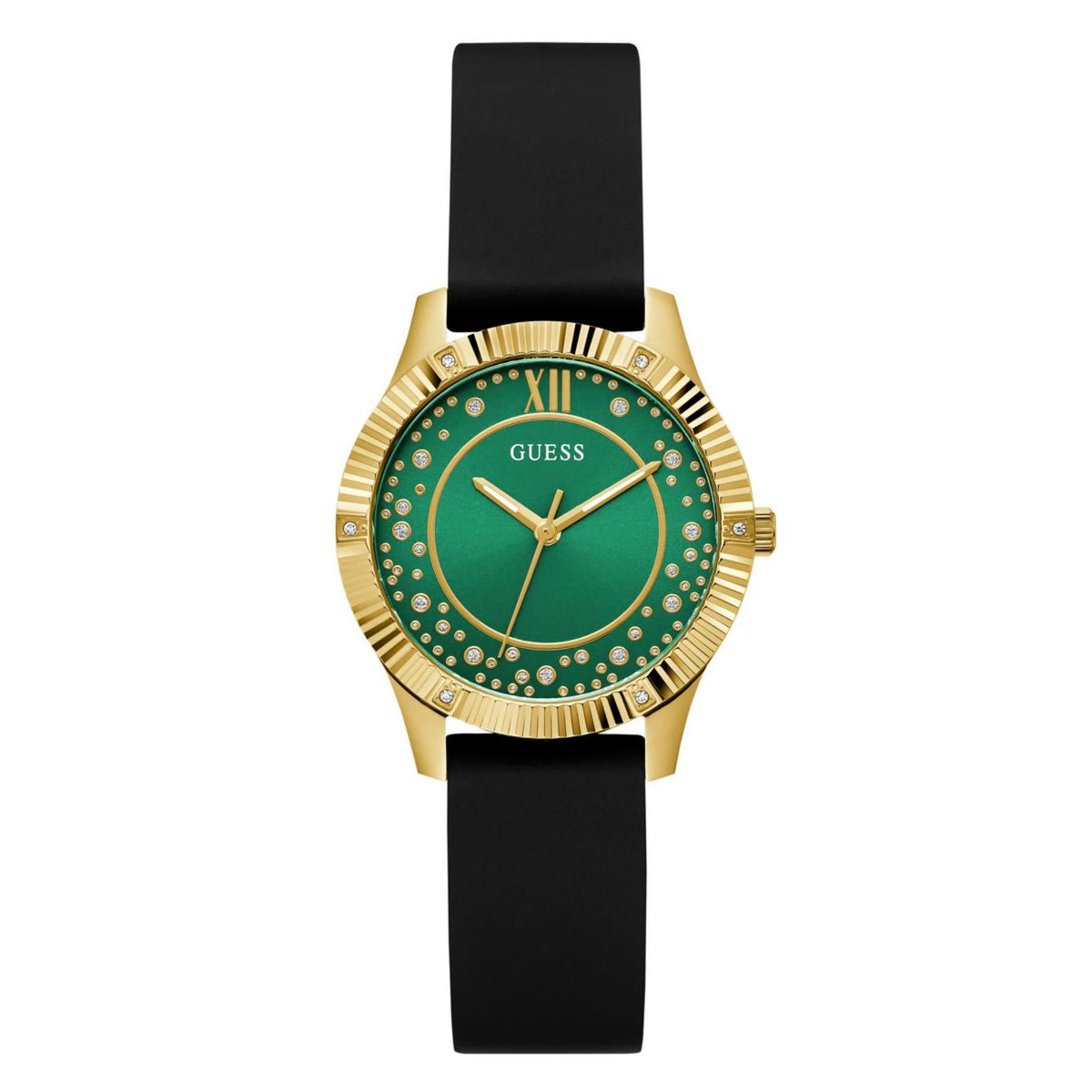 Guess women's watch front view, green face, gold-tone case, black silicone strap