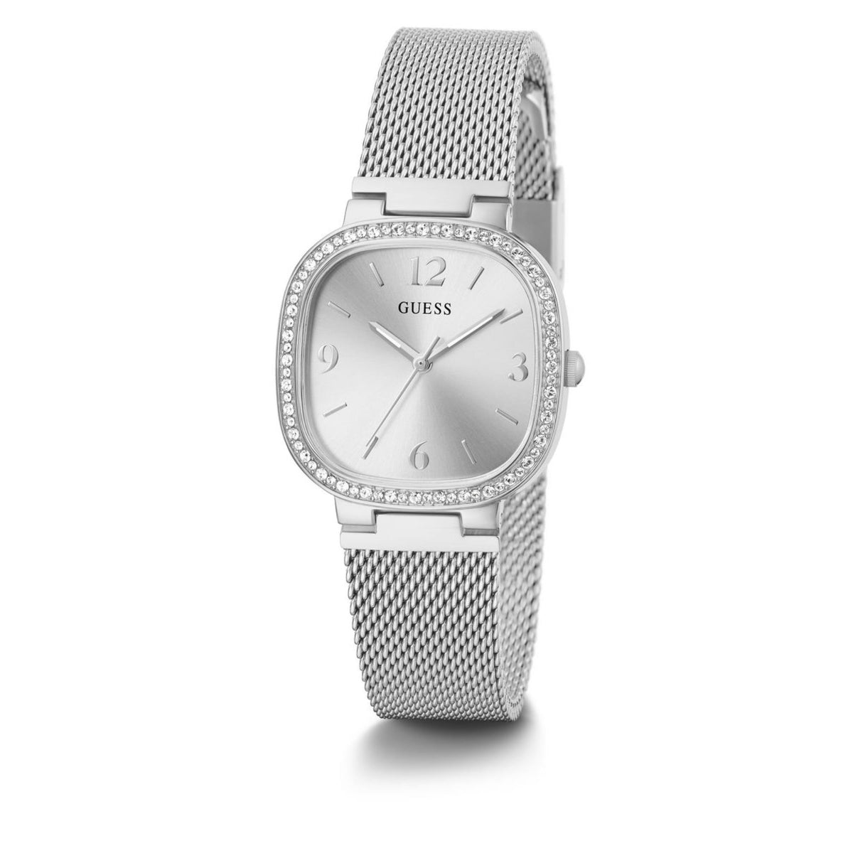 Women’s silver mesh bracelet watch with rounded square white dial and crystal bezel
