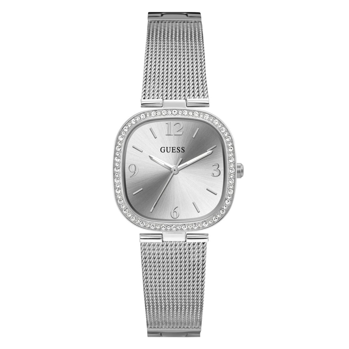 Women’s stainless steel watch with rounded square silver dial, crystal bezel, mesh strap