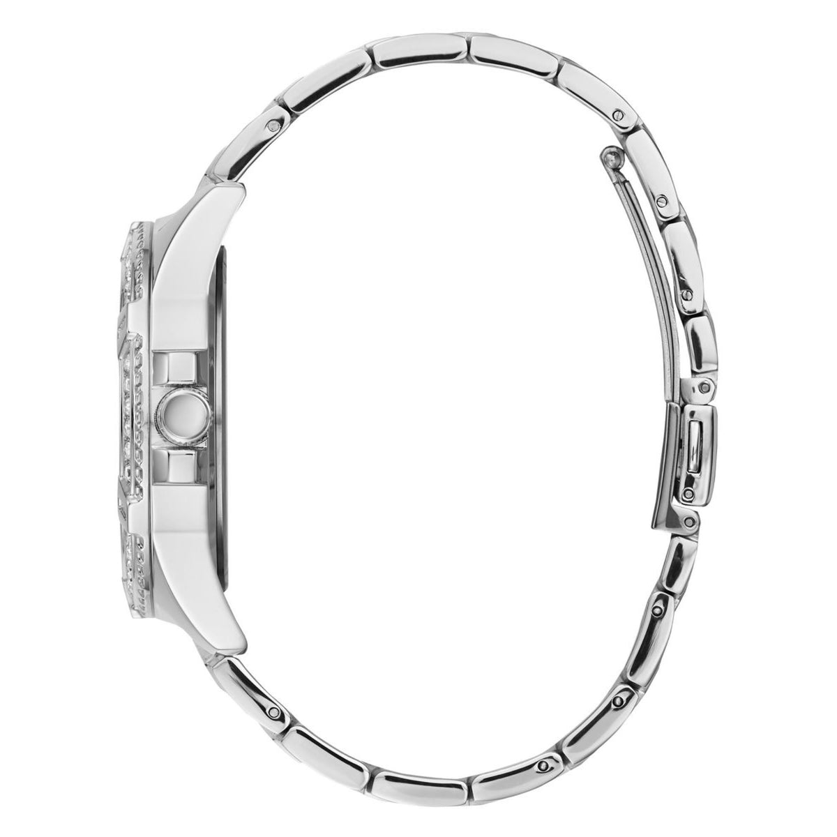 Silver-tone round watch case with metal bracelet links, side profile view
