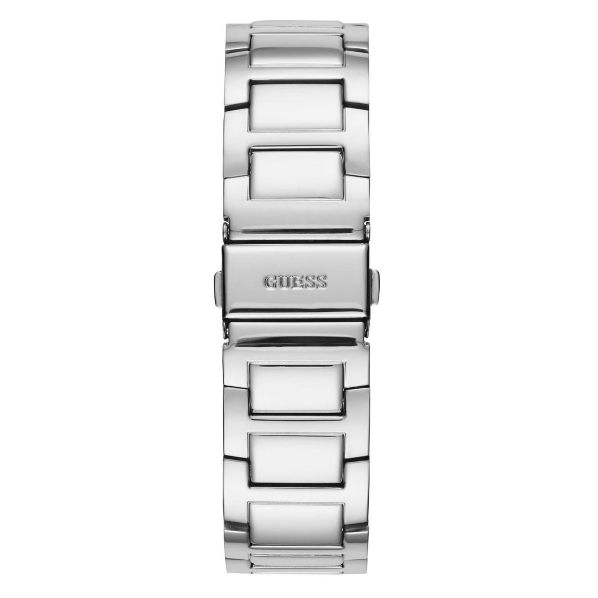 Silver-tone stainless steel watch bracelet with rectangular links and clasp, rear view