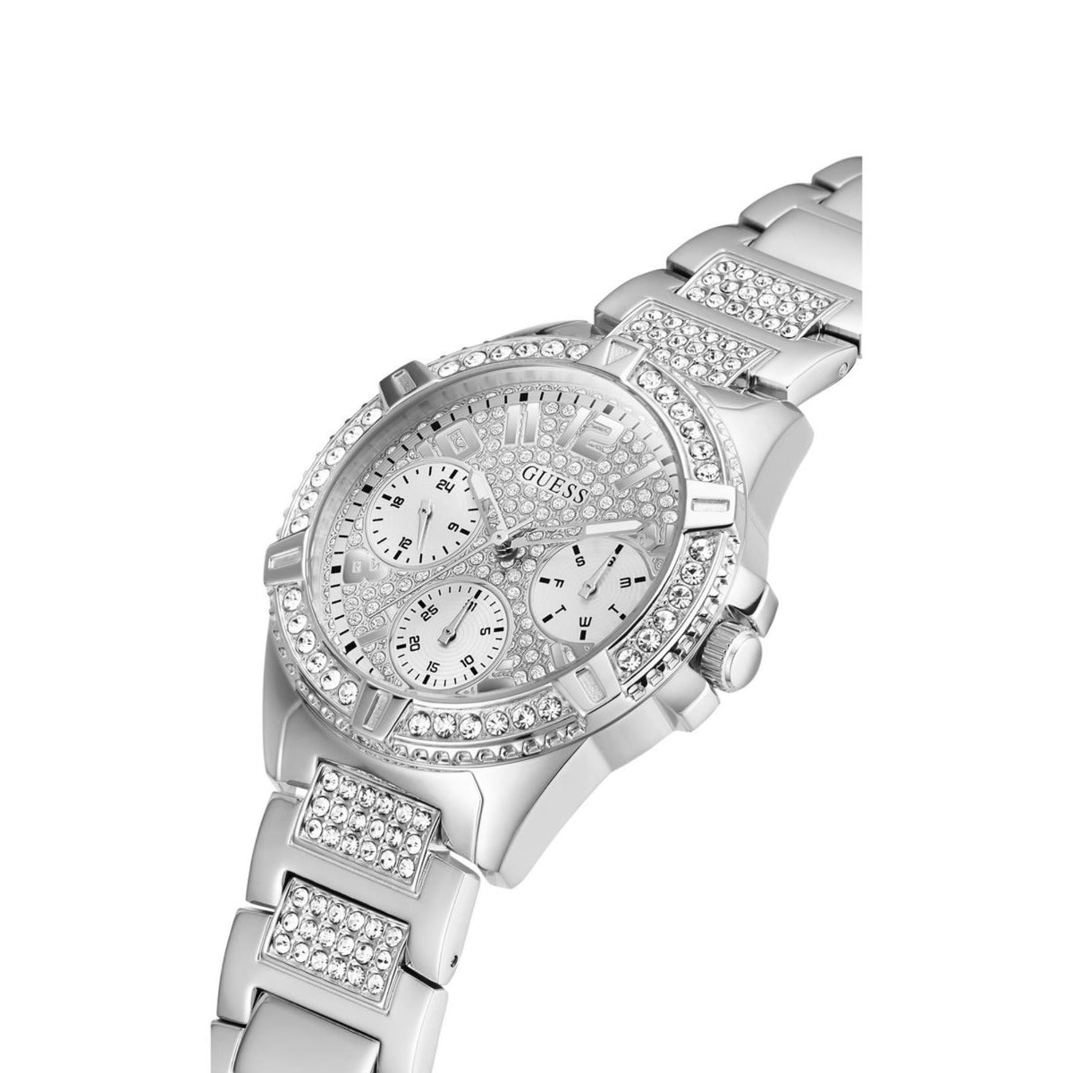 Silver-tone stainless steel watch with diamond bezel, three subdials, angled front view
