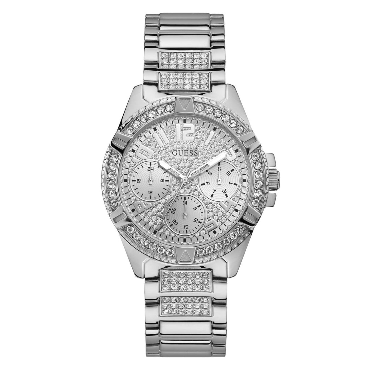 Women’s silver-tone stainless steel watch, jeweled bezel, round dial with three subdials