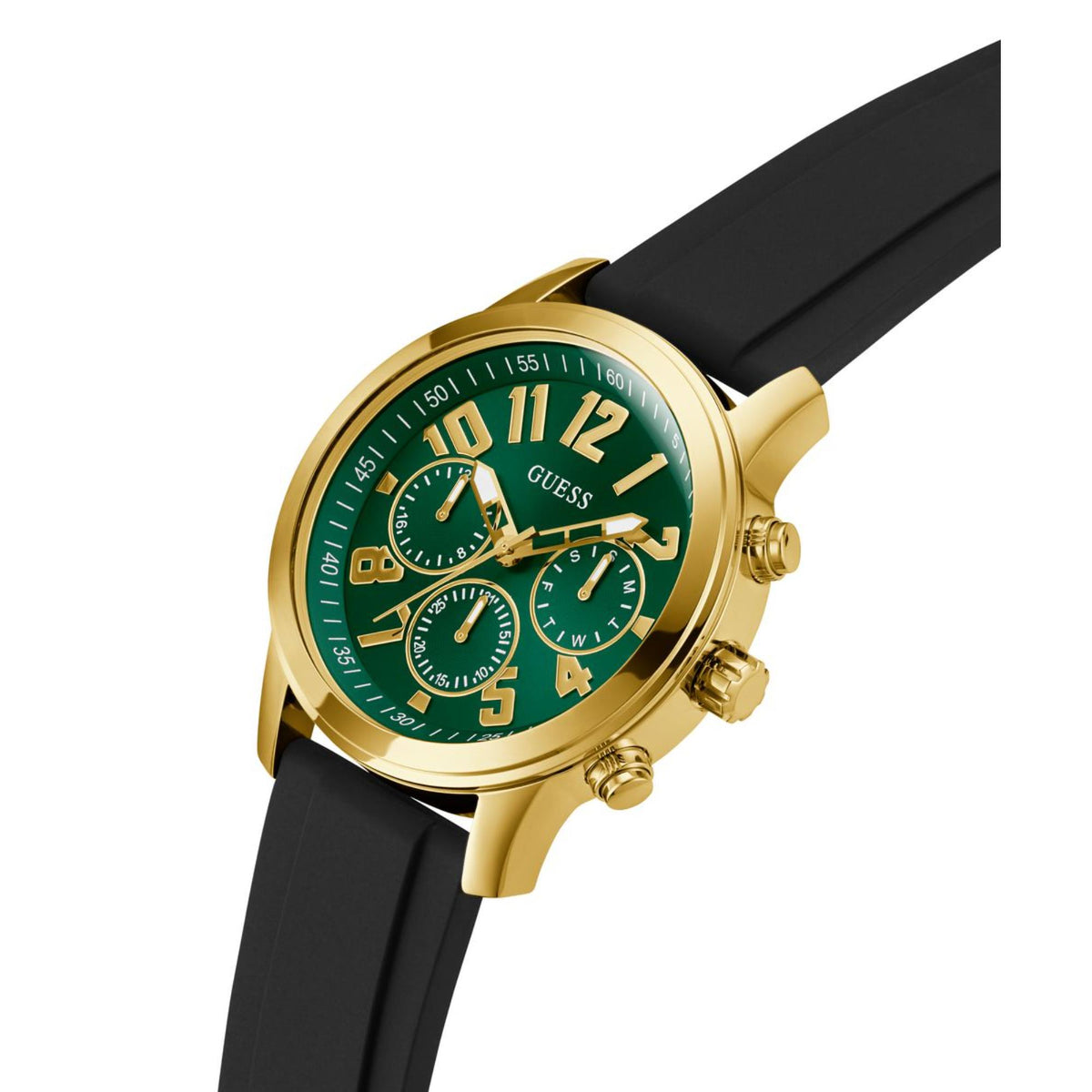 Men's green dial gold-tone watch shown at an angle with black silicone strap