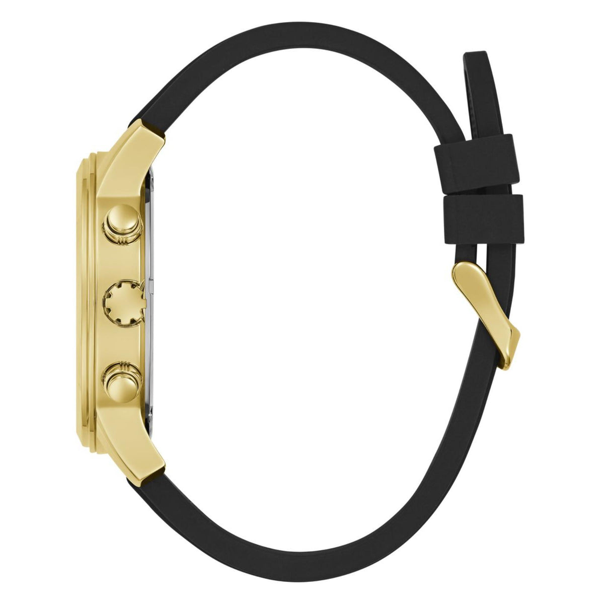 Men's gold-tone watch case with black silicone strap, side profile view