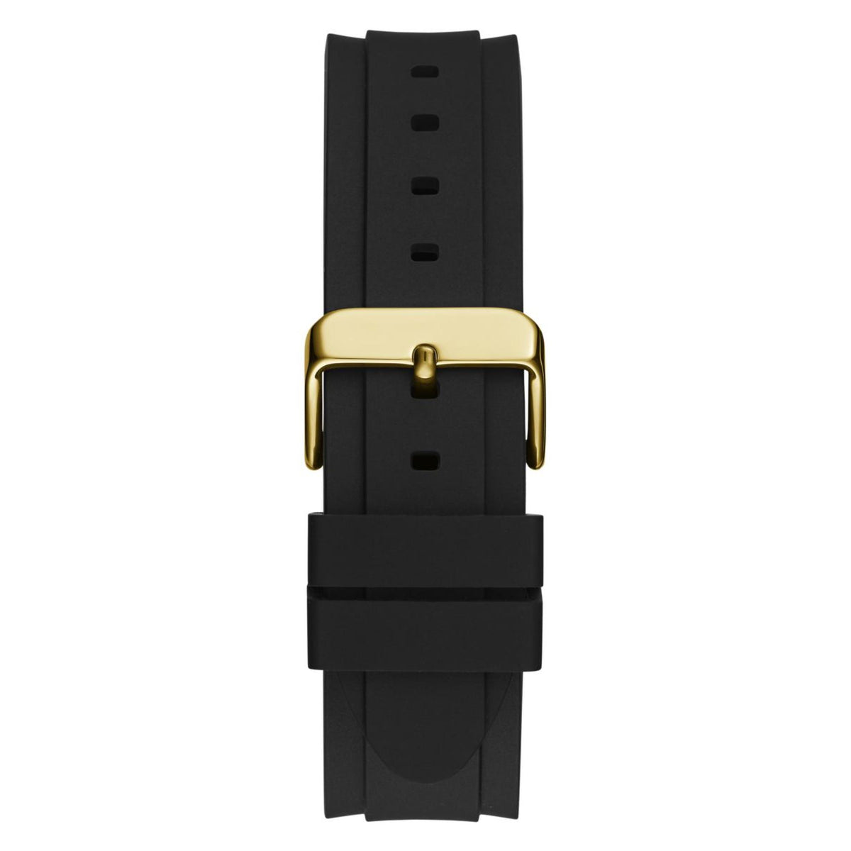 Men's black silicone watch strap with gold-tone case back, side view