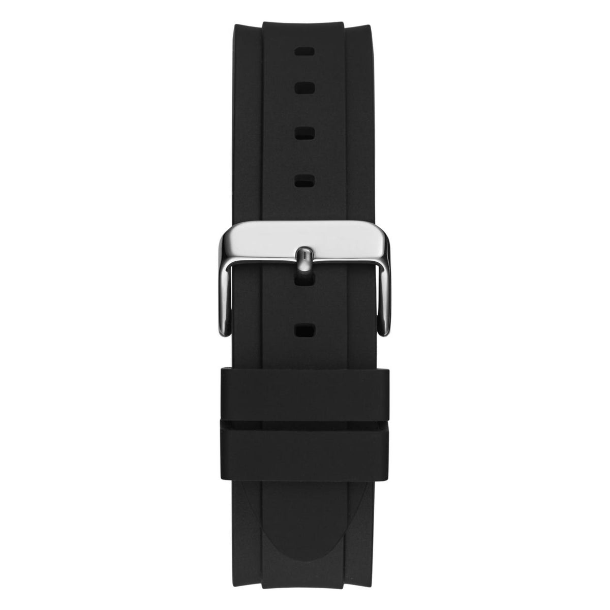 Men's black silicone strap watch with black buckle and raised silver-tone case