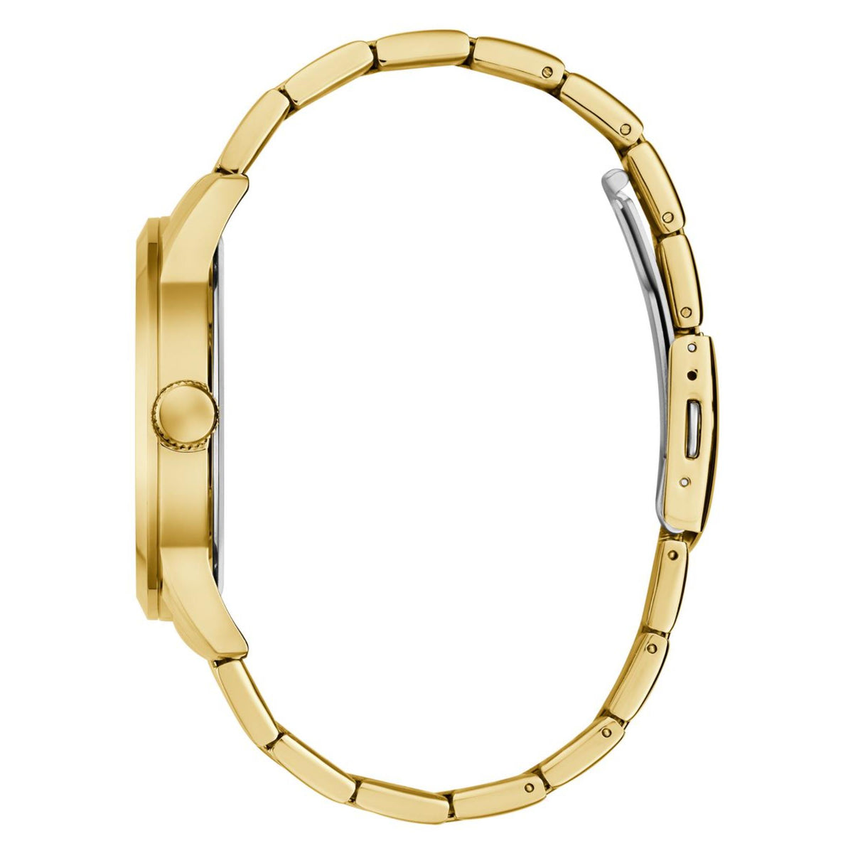 Gold-tone stainless steel watch case and bracelet, side profile