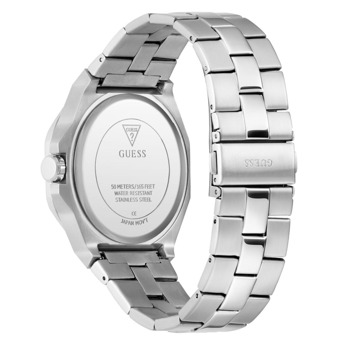 Stainless steel watch case back and bracelet shown from an angled side view