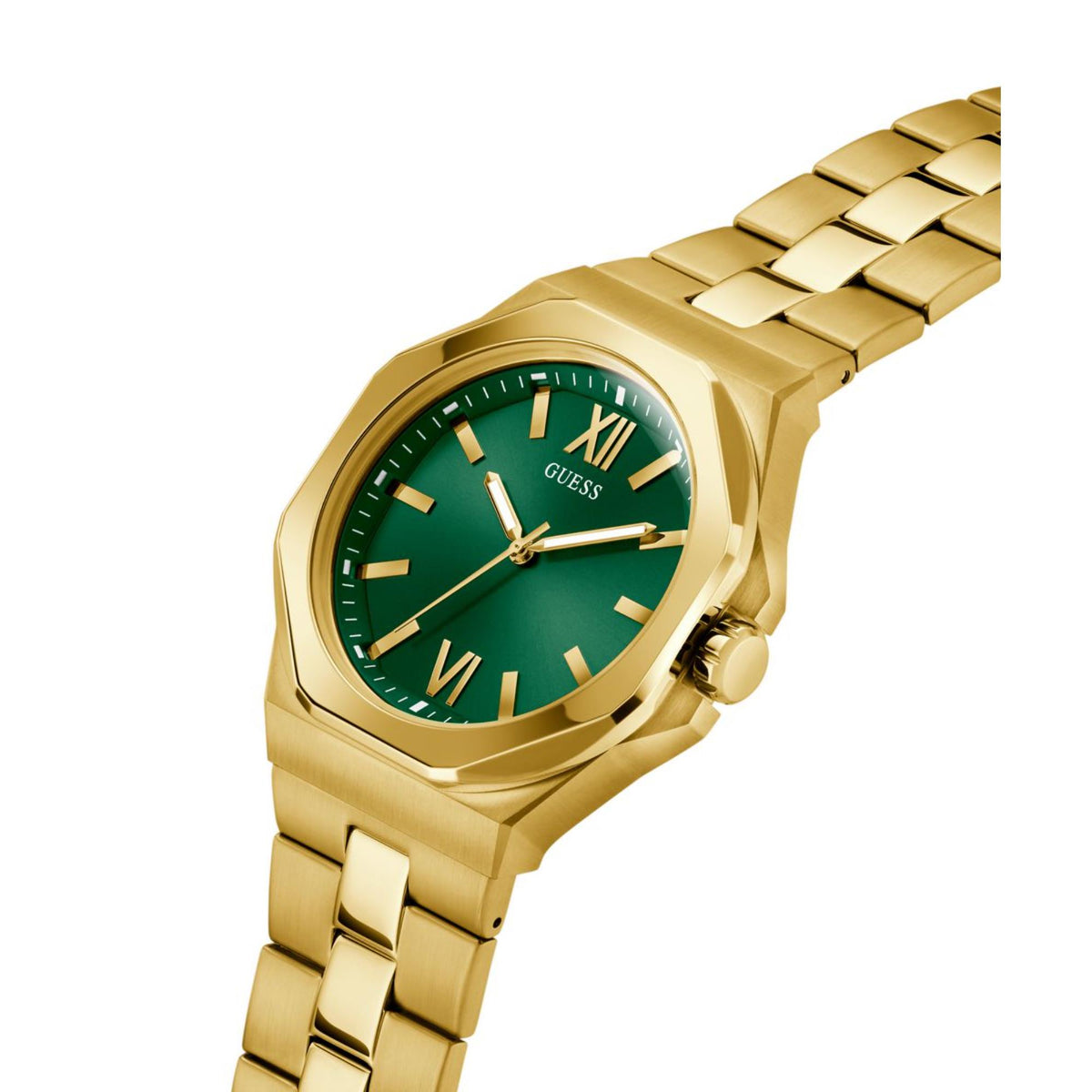 Men's stainless steel watch with green dial and gold-tone link bracelet, 3/4 angle