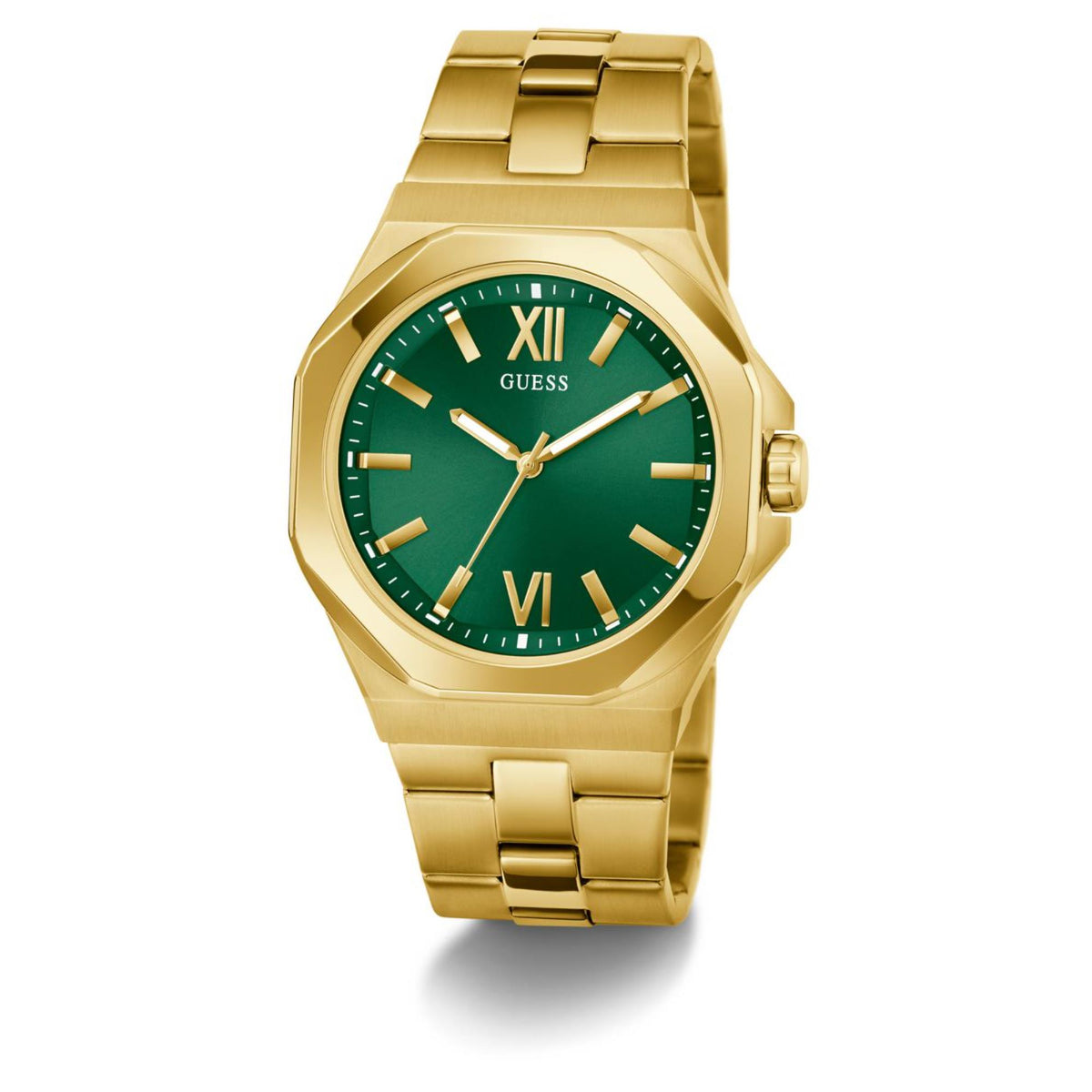 Men's stainless steel watch with green dial, gold-tone bezel, link bracelet