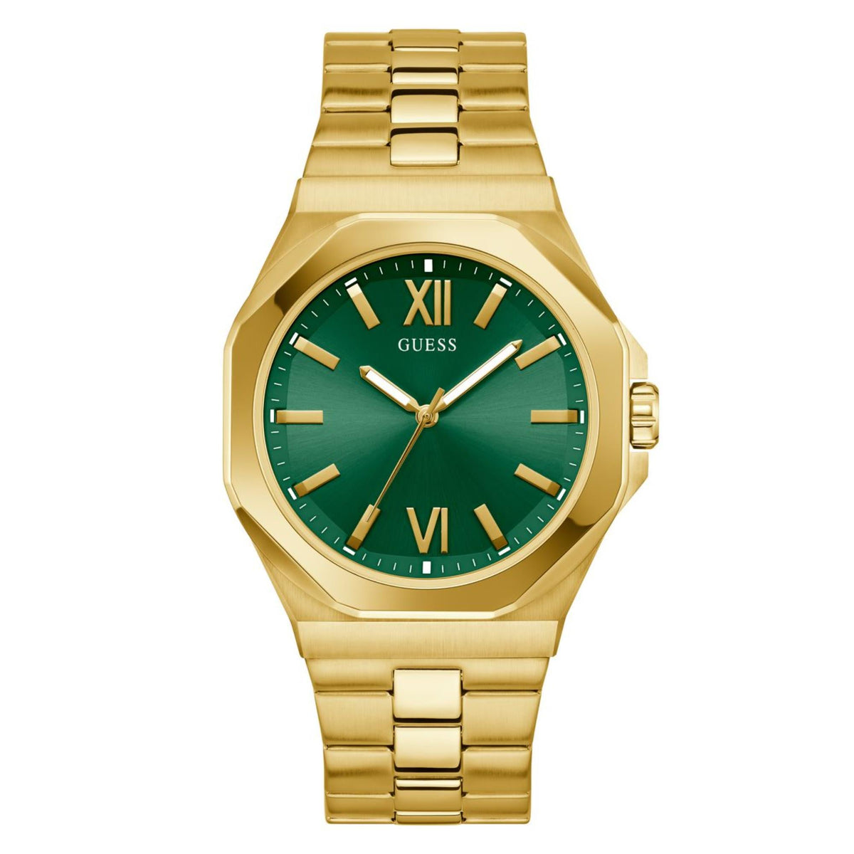Men's stainless steel watch with green dial and gold-tone link bracelet, front view