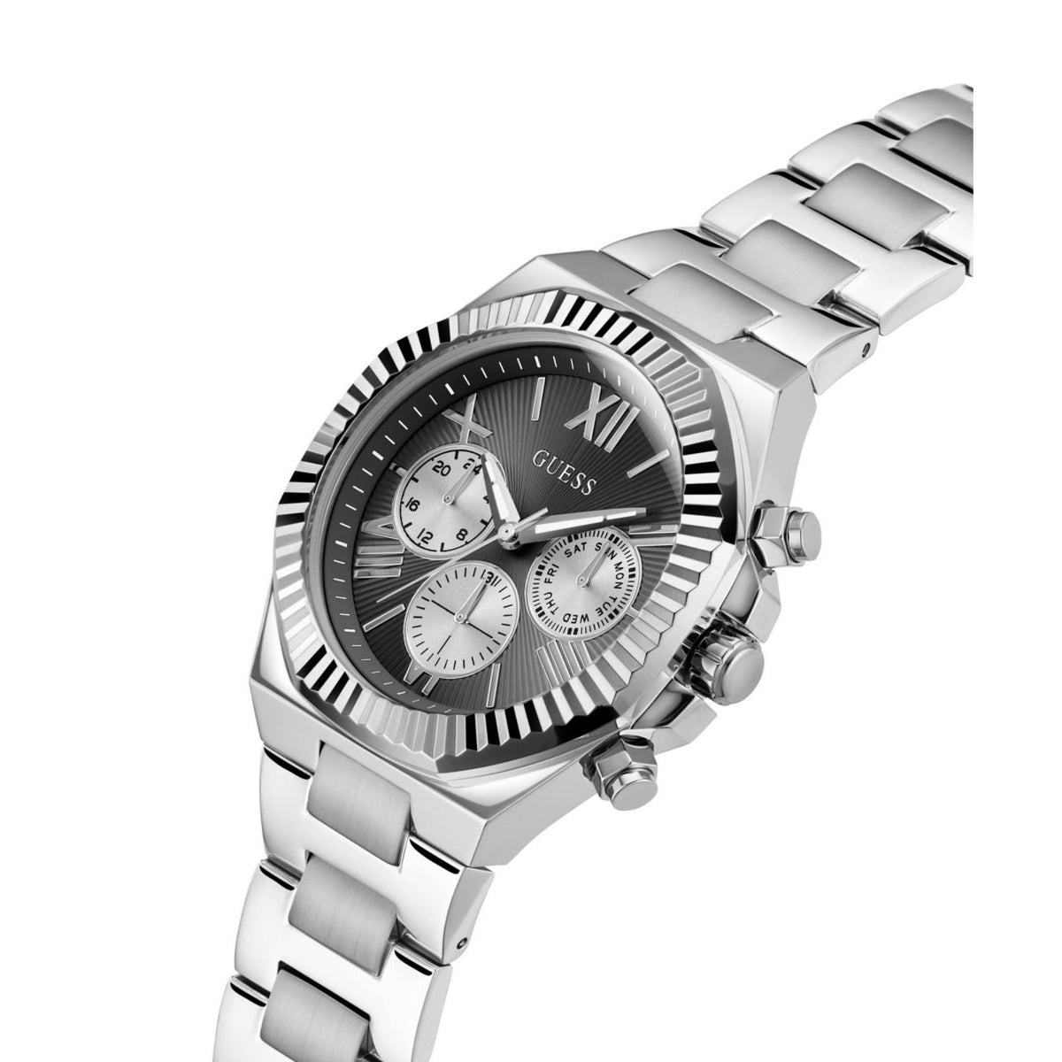 Men's multifunction wristwatch 3/4 view with black dial, silver case and bracelet