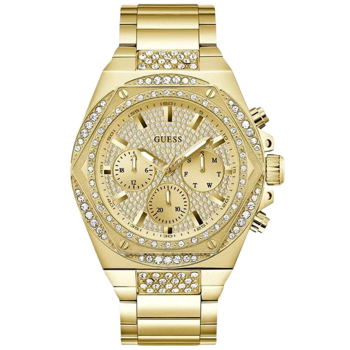 Gold-tone men's wristwatch with crystal bezel, patterned dial, and three subdials