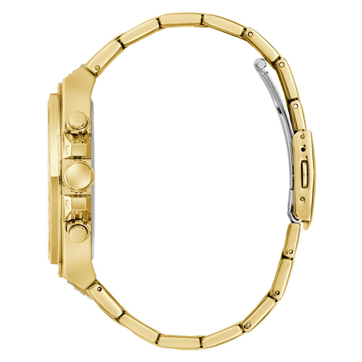 Gold-tone wristwatch other side profile with metal bracelet links and pushers