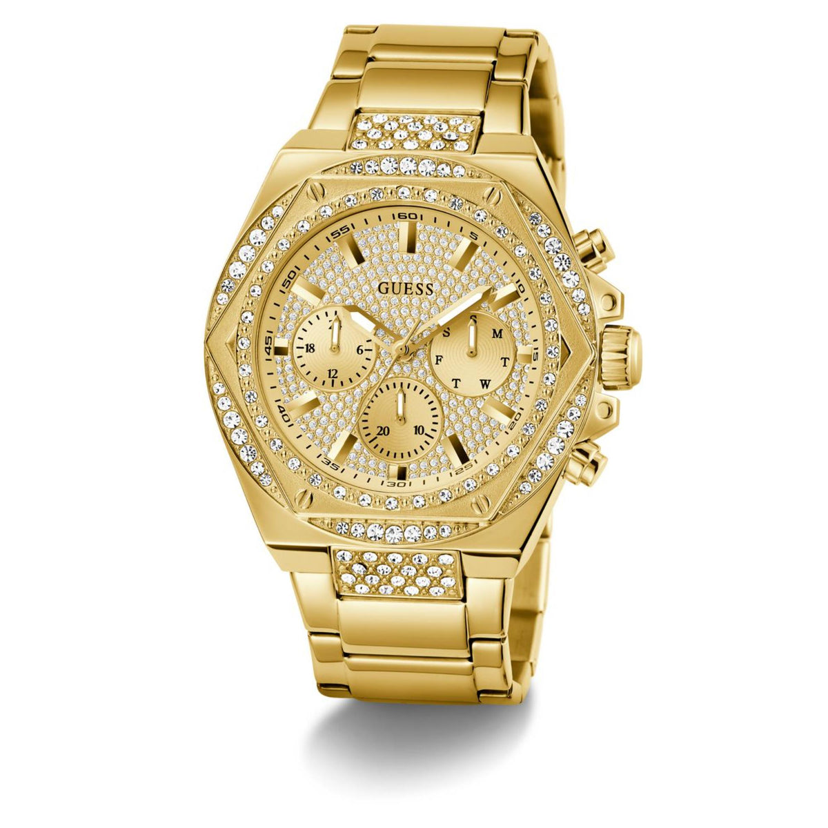 Gold-tone Guess men's wristwatch front view with crystal bezel and three subdials