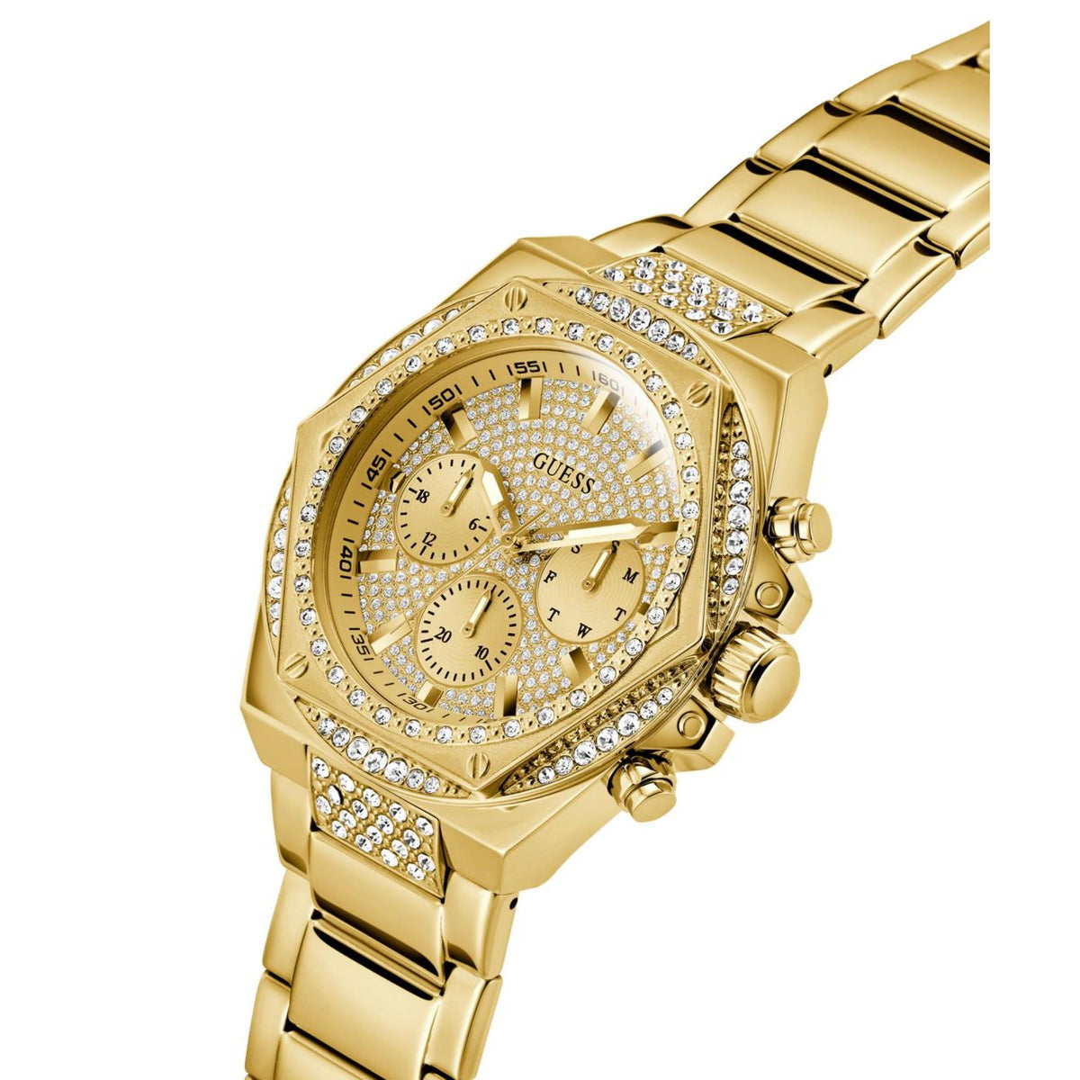 Gold-tone men's wristwatch with crystal bezel, patterned dial, and crown at the right