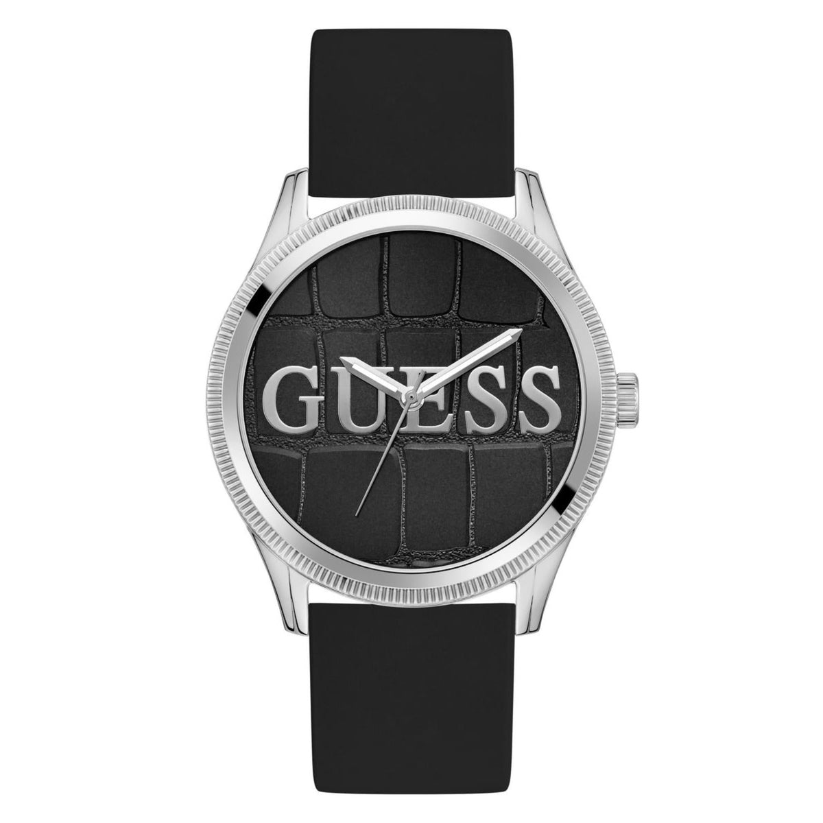 Black dial silicone strap watch straight-on, silver bezel, Guess logo and three hands
