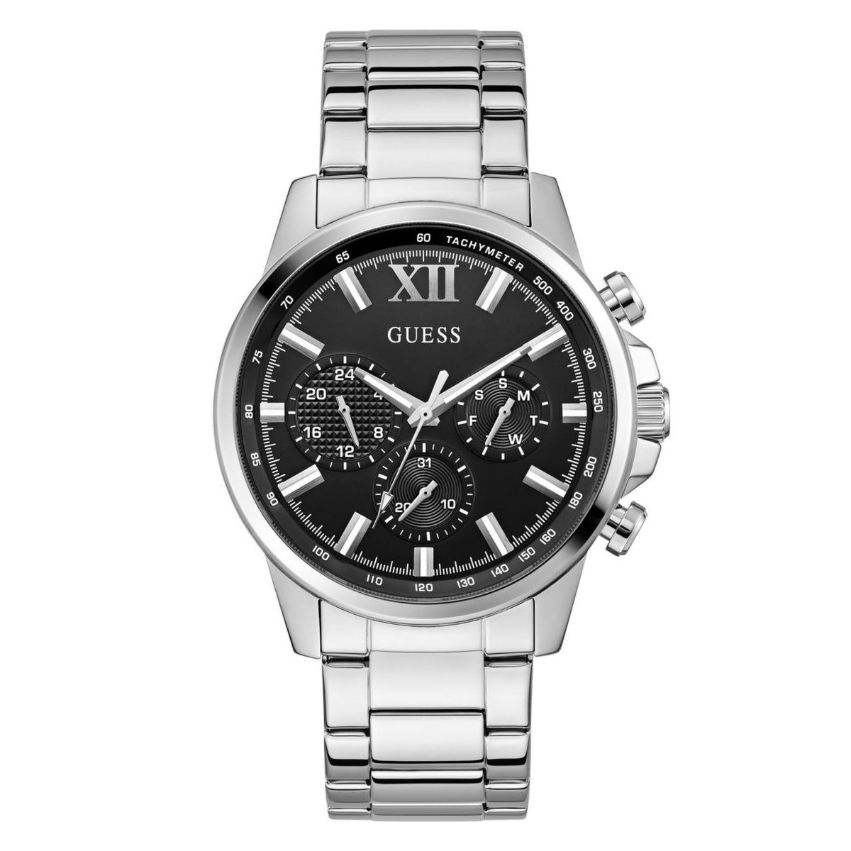 Men's stainless steel watch with black dial, Roman numerals, tachymeter bezel, bracelet band