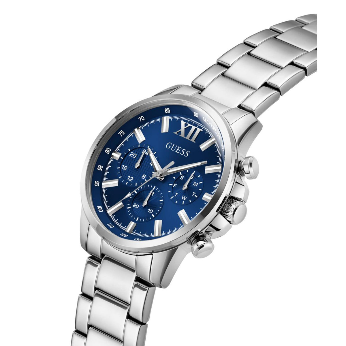 Men's stainless steel watch with blue dial and silver bracelet, showing side of the case