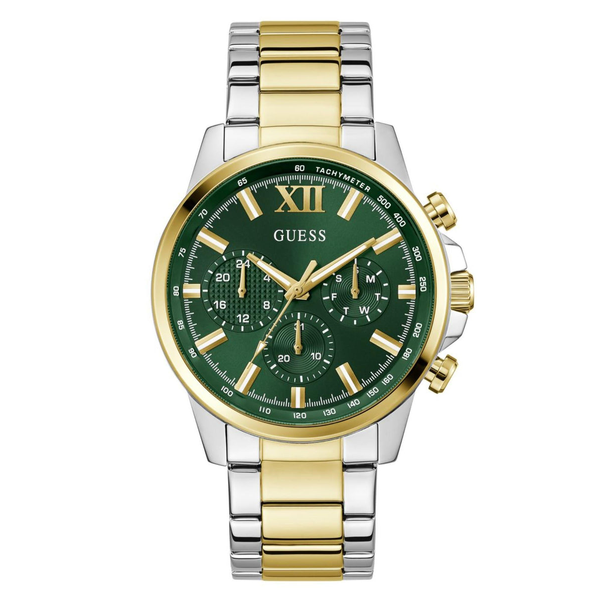 Men's green dial wristwatch with Roman numeral XII, gold markers, and two-tone metal strap