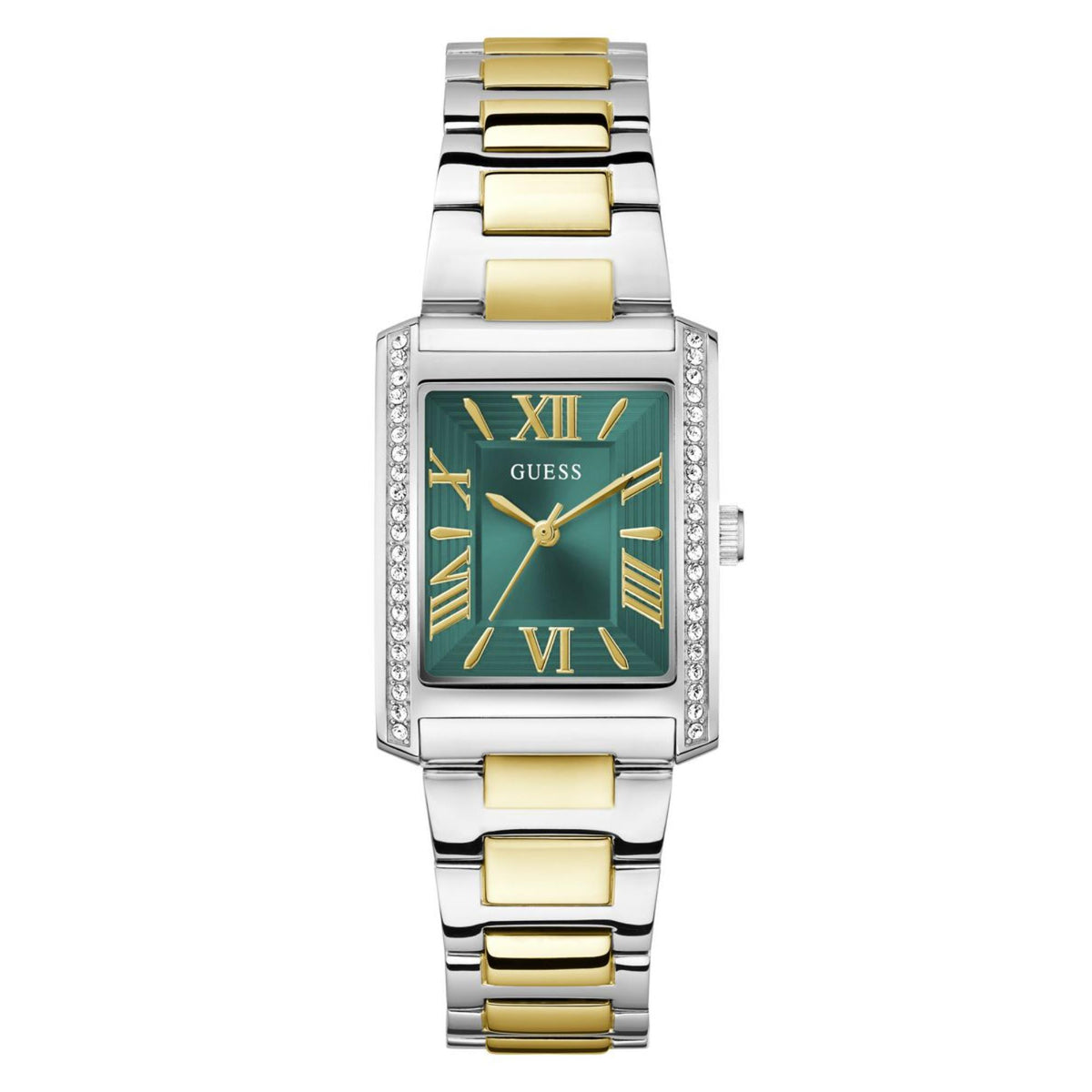 Women’s square-rectangular watch with green dial, gold accents, sparkling crystal bezel