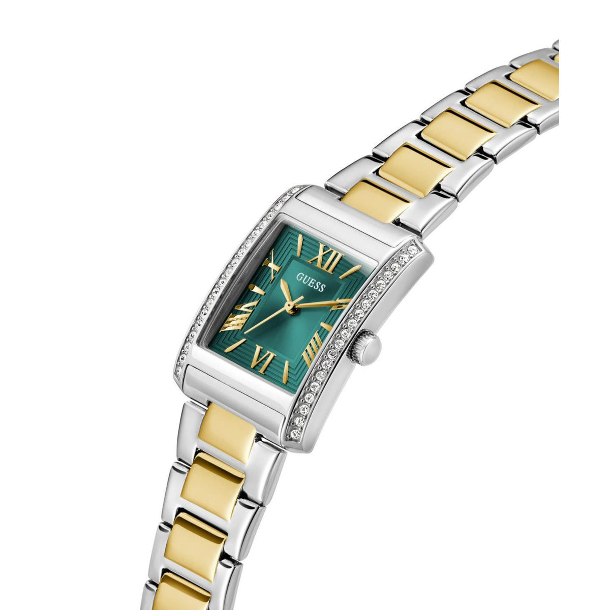 Angled view of stainless steel watch with green Roman numeral dial and gold link bracelet