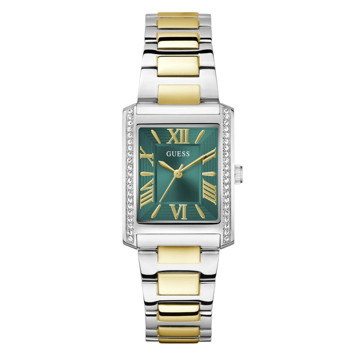 Rectangular stainless steel watch with green dial, gold Roman numerals, crystal bezel