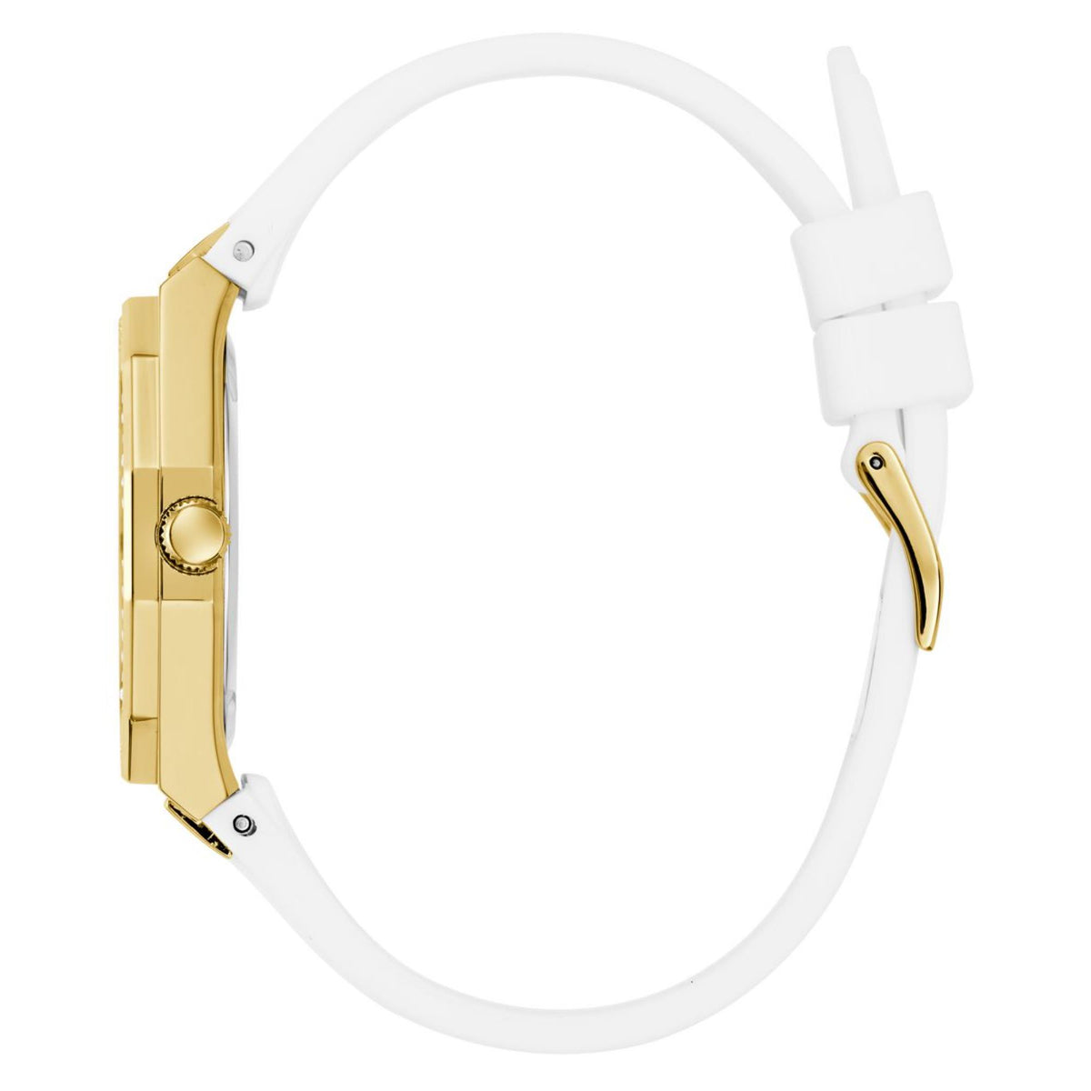 Women’s watch side view with white silicone strap and gold-tone case, clasp area and crown detail