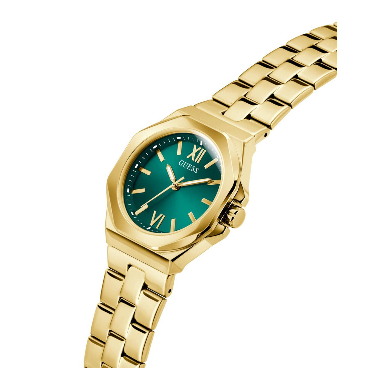 Gold-tone women’s stainless steel watch with green dial, Roman numerals, side angled view