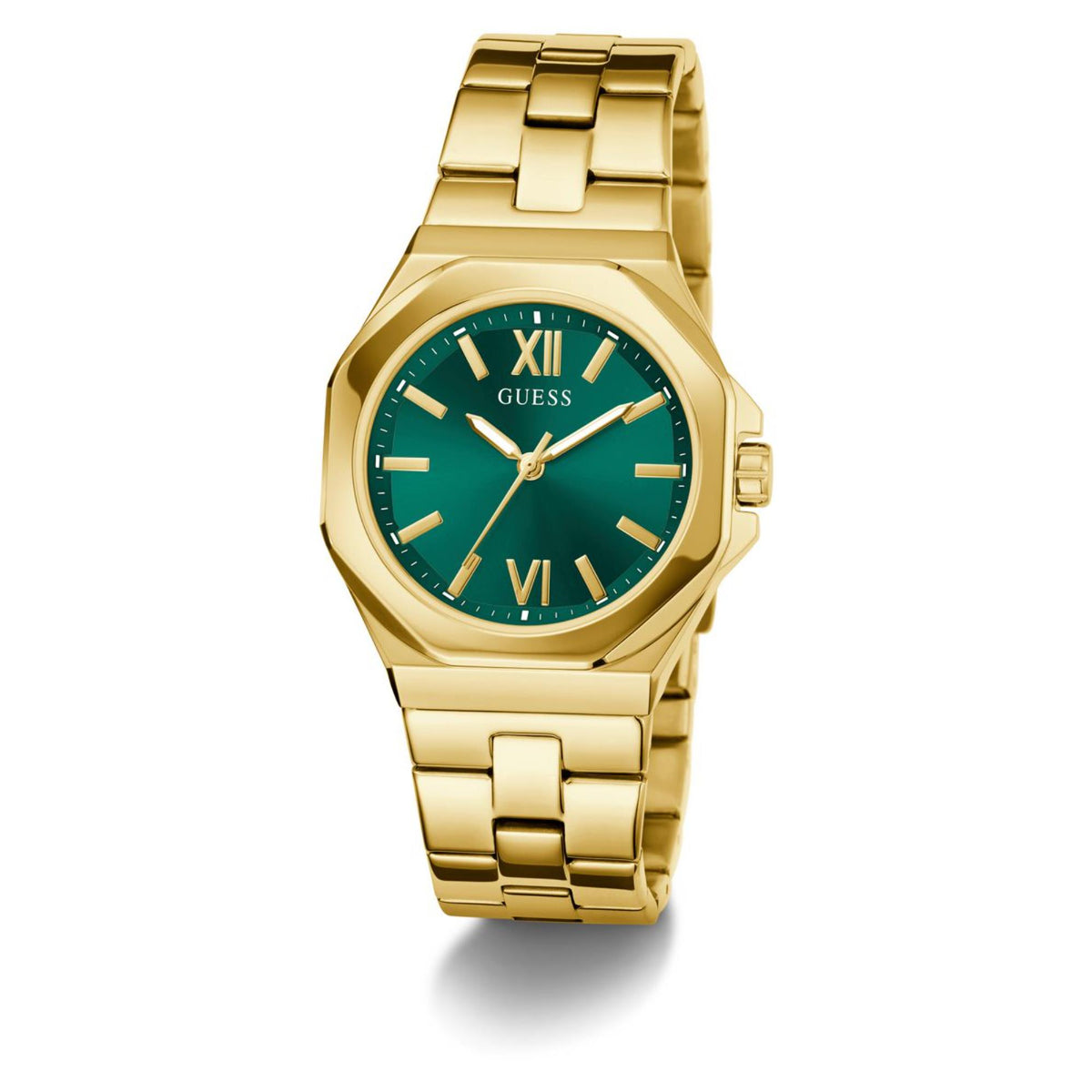 Gold-tone stainless steel women’s watch front, green dial with Roman numerals and link bracelet