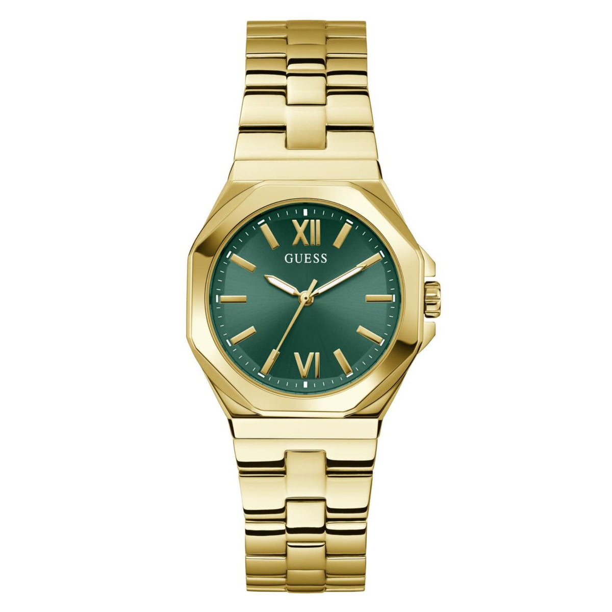 Gold-tone stainless steel women’s wristwatch front view, green dial with Roman numerals