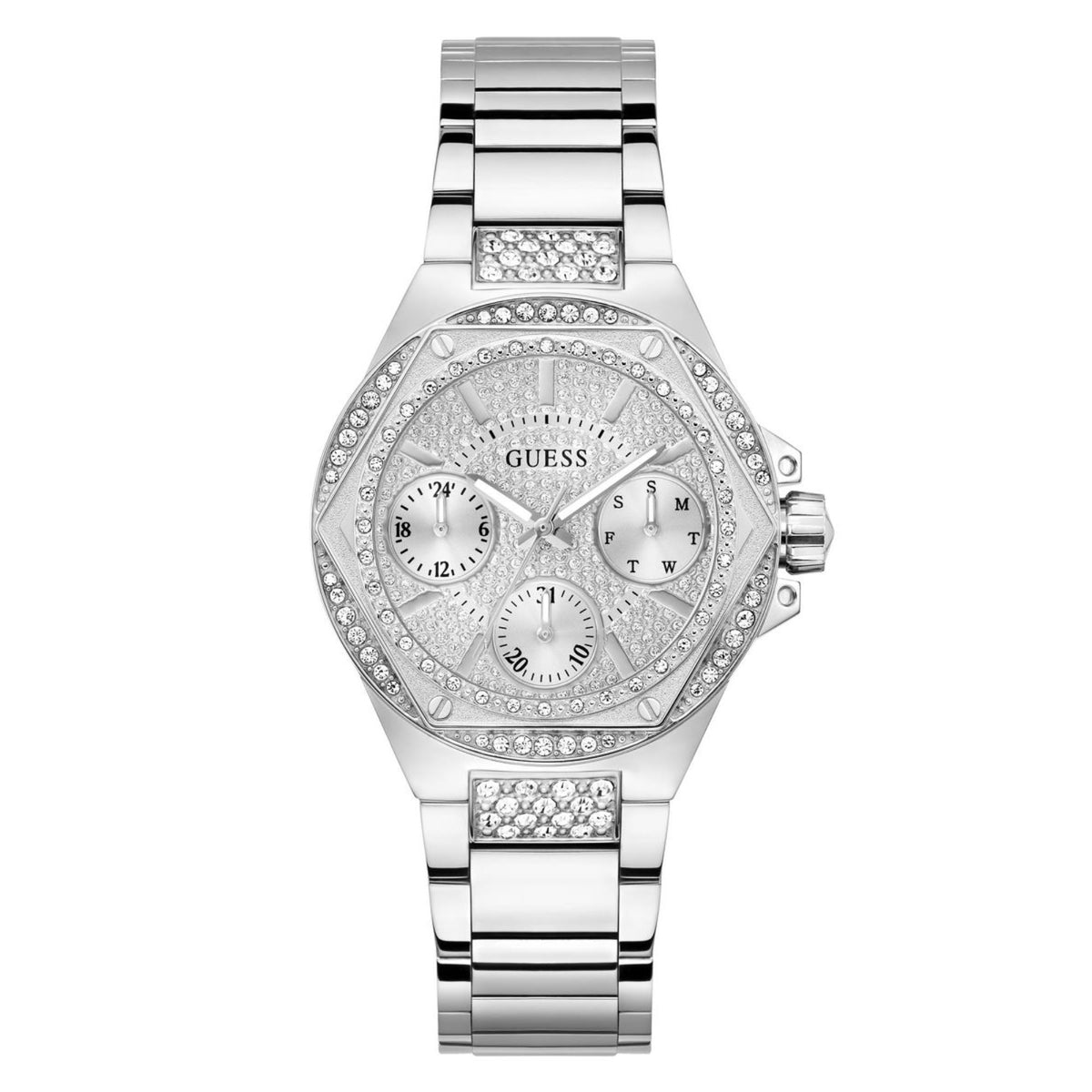 Silver stainless steel women's watch front with rhinestone bezel, three subdials, logo.